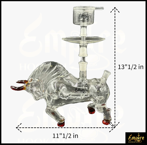 Empire Hookah Bull Edition Hookah Set in Clear displaying dimensions of 13.5" x 11.5" 