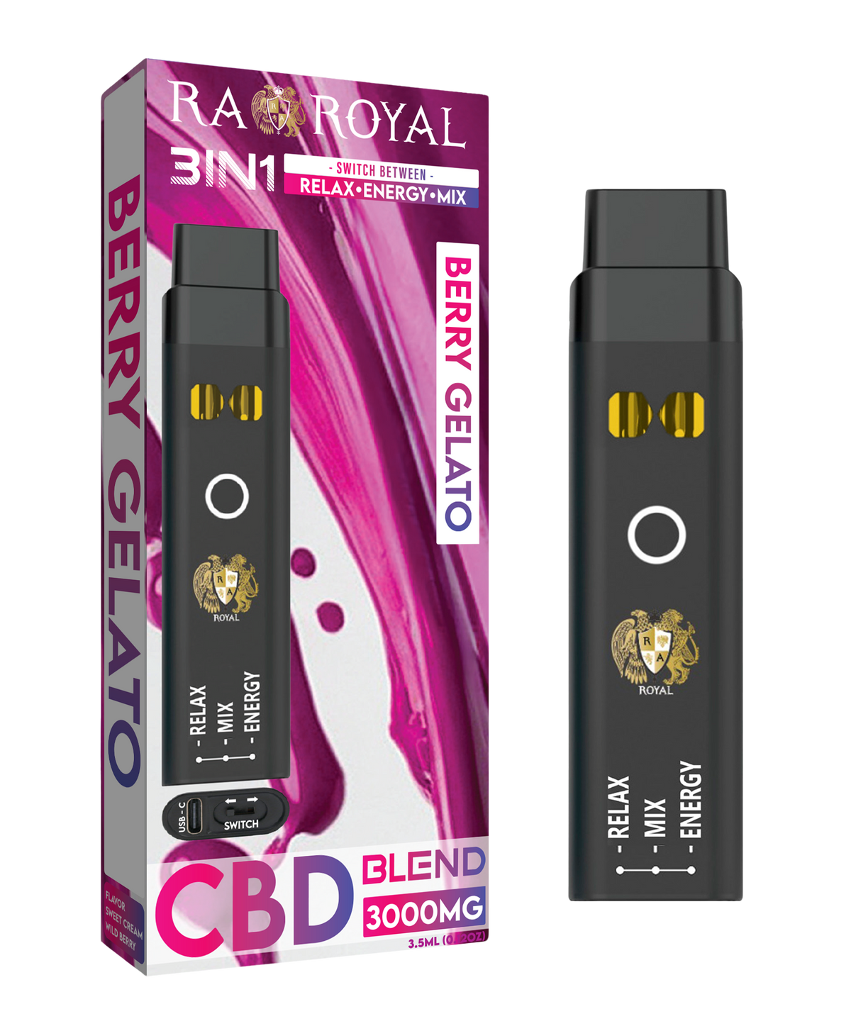 R.A. Royal CBD+ Three-in-One Disposable Vape Berry Gelato (3000MG) 