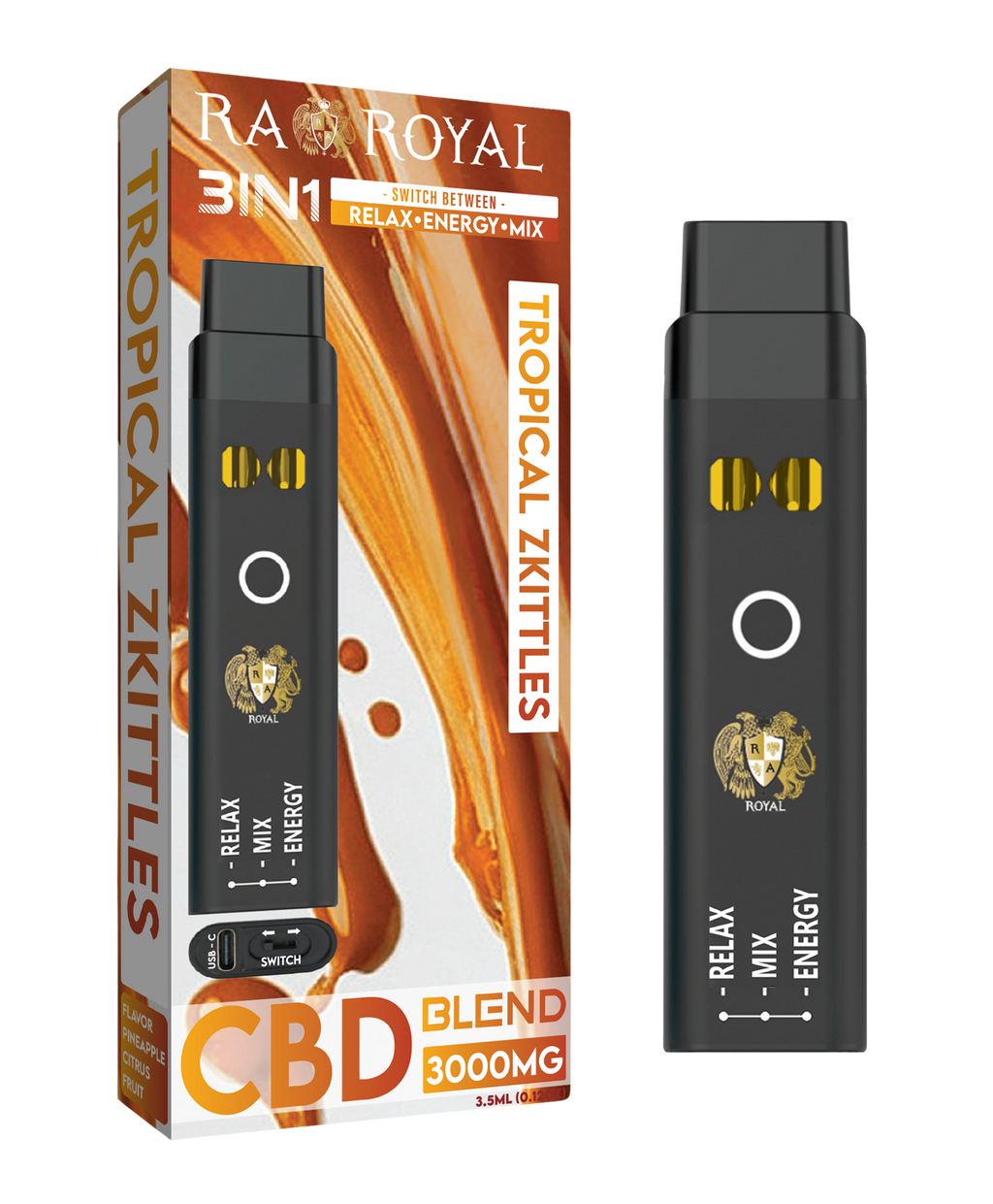 R.A. Royal CBD+ Three-in-One Disposable Vape Tropical Zkittles (3000MG) 