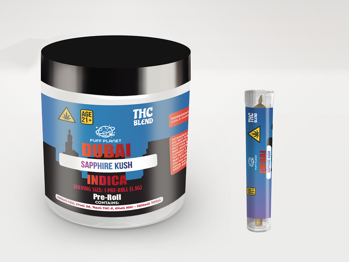 Puff Planet 12ct 1.5G THC Blend Prerolls: Dubai Sapphire Kush (Indica)