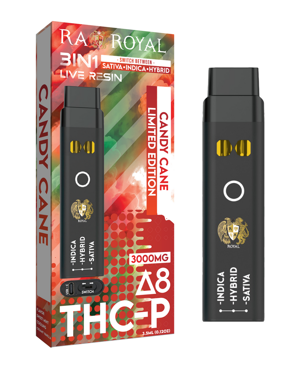 RA Royal Delta 8 + THCp Three In One Vape Candy Cane Flavor